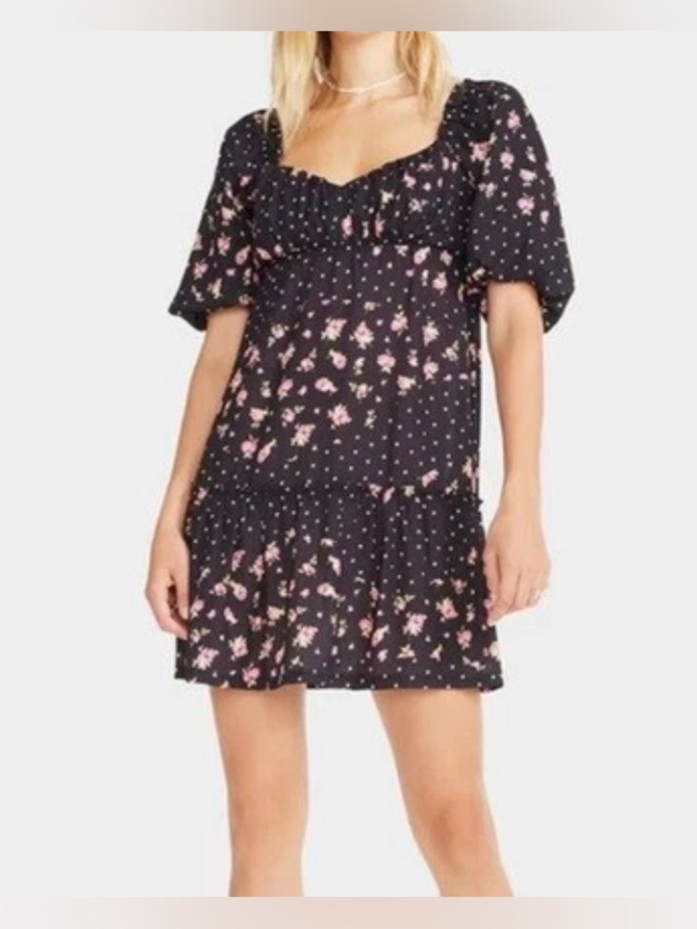 Betsey Johnson Rosy Dots Dress Medium Black Polka Dots Floral Milkmaid Empire